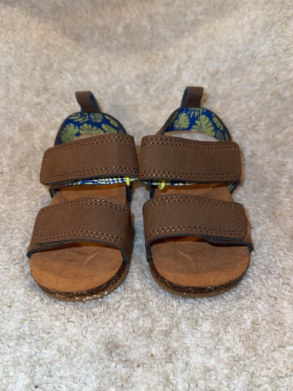 Toddler Brown Adjustable Velcro Sandals with Leaf-Print Lining
